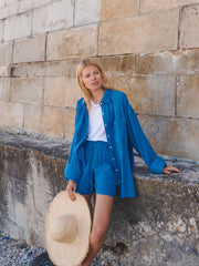 Poppie double cloth elastic waist short - Cobalt