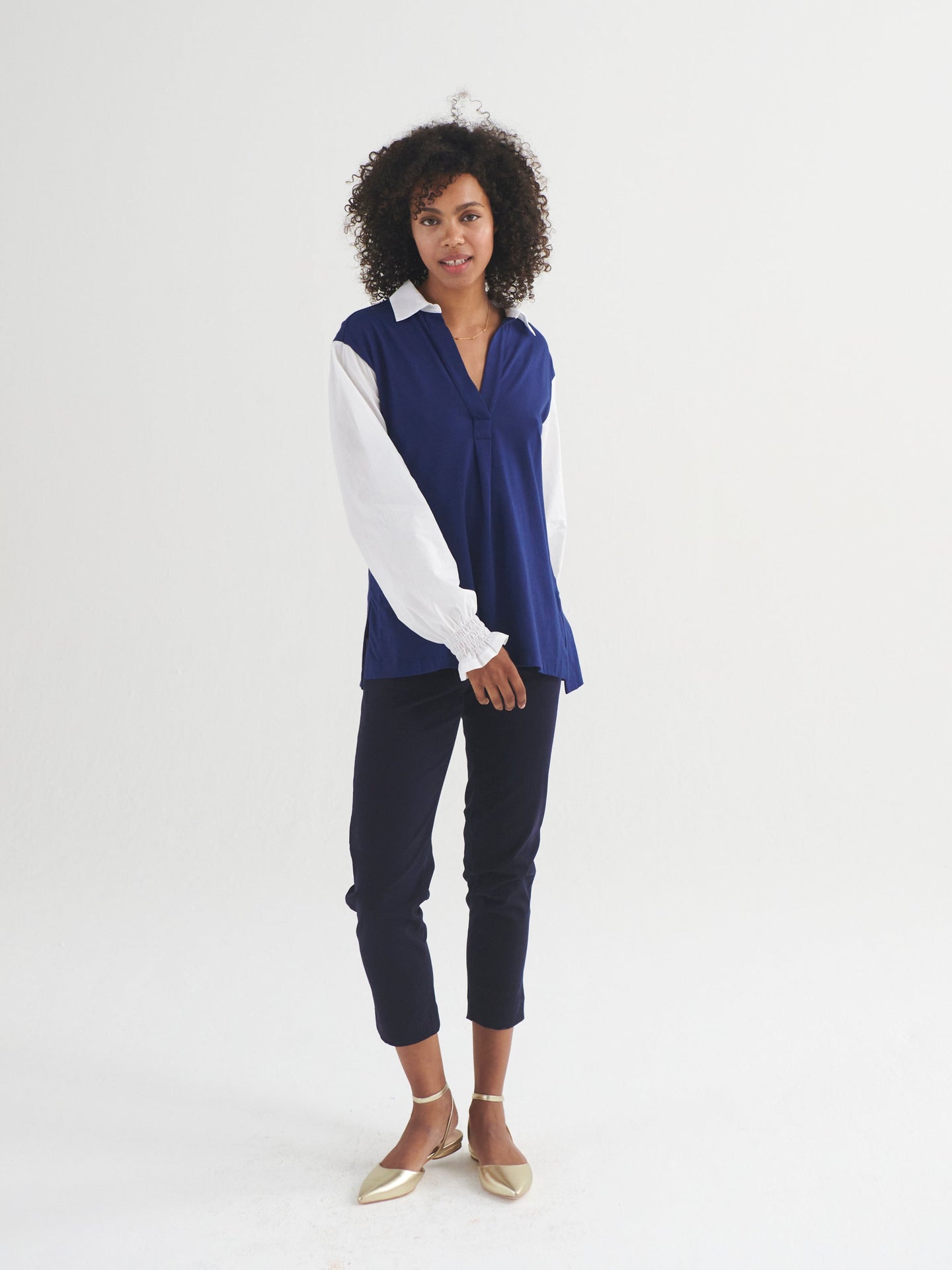 Aria jersey and cotton shirred cuff shirt - Navy/White