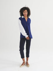 Aria jersey and cotton shirred cuff shirt - Navy/White