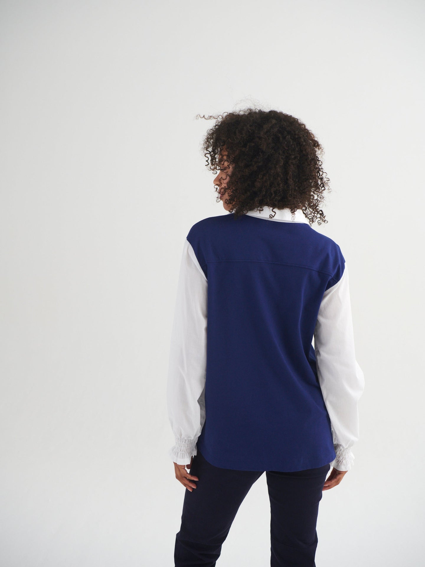 Aria jersey and cotton shirred cuff shirt - Navy/White