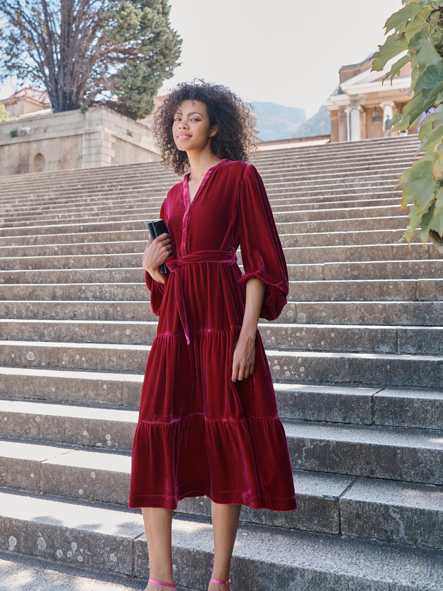 Ana silk blend velvet tiered dress - Hot Pink