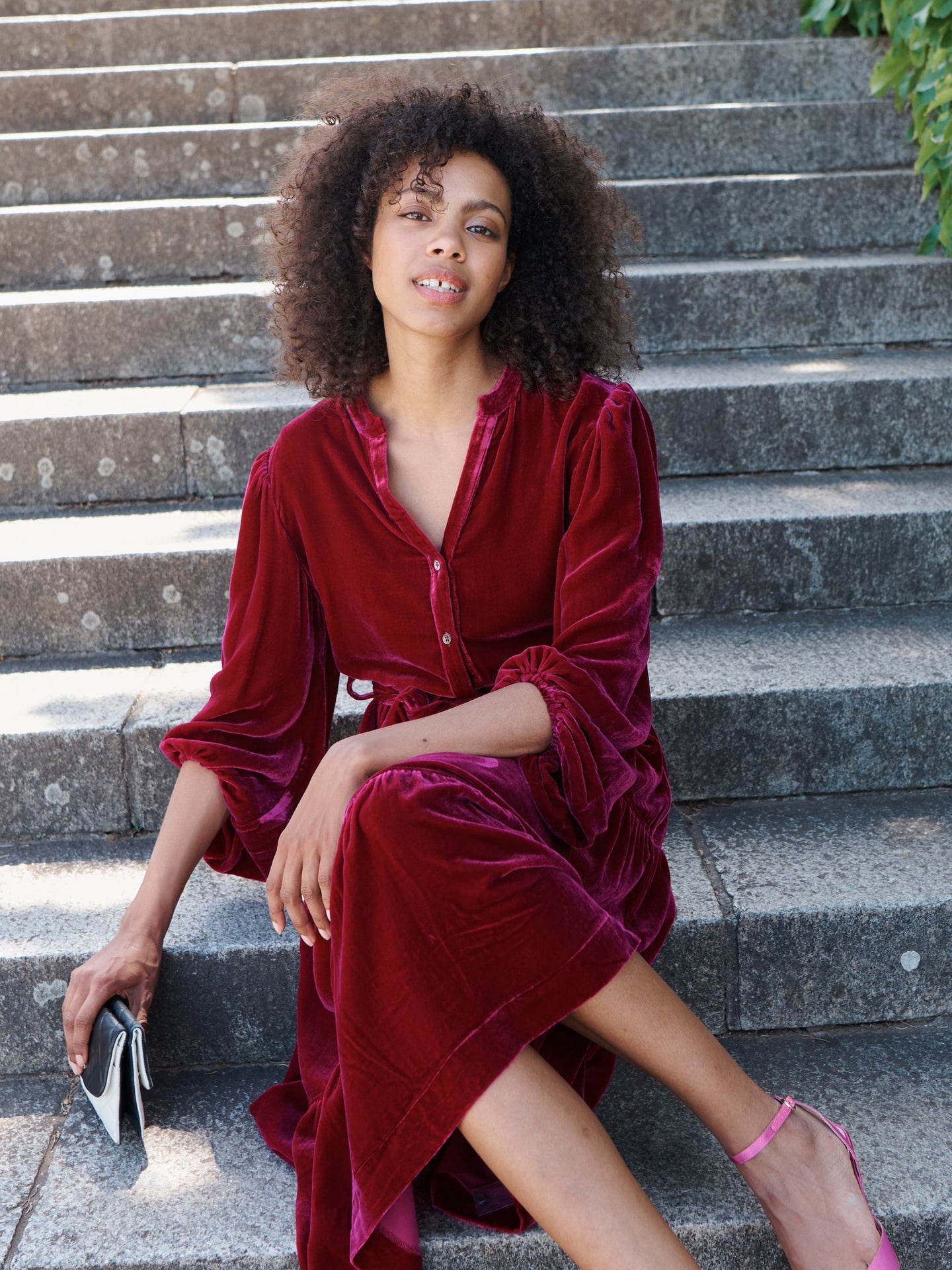 Ana silk blend velvet tiered dress - Hot Pink