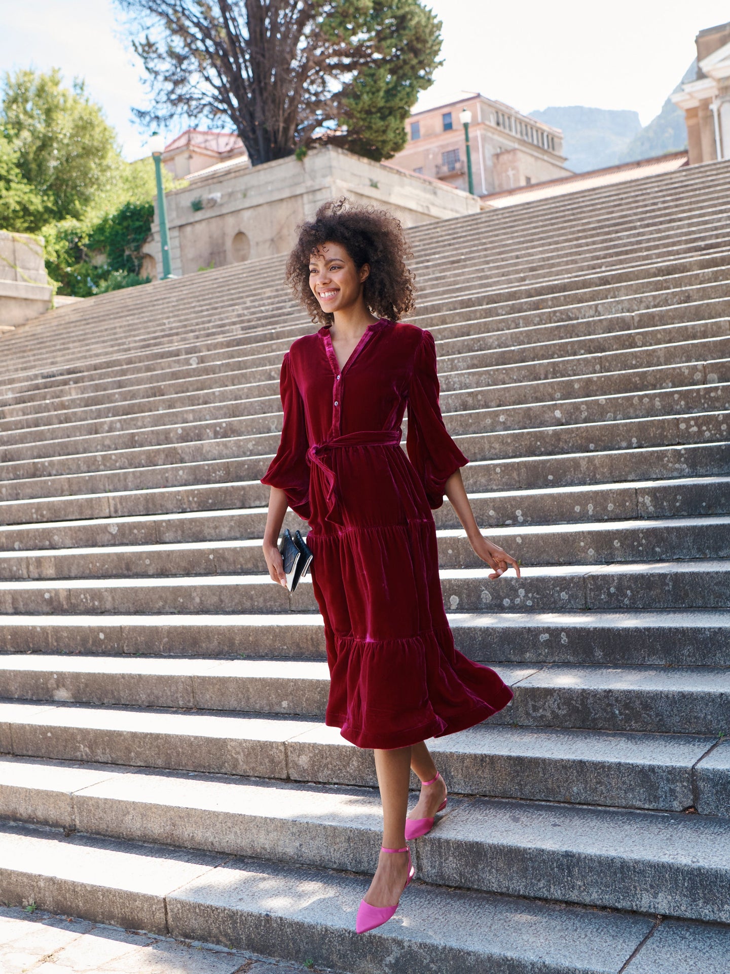 Ana silk blend velvet tiered dress - Hot Pink