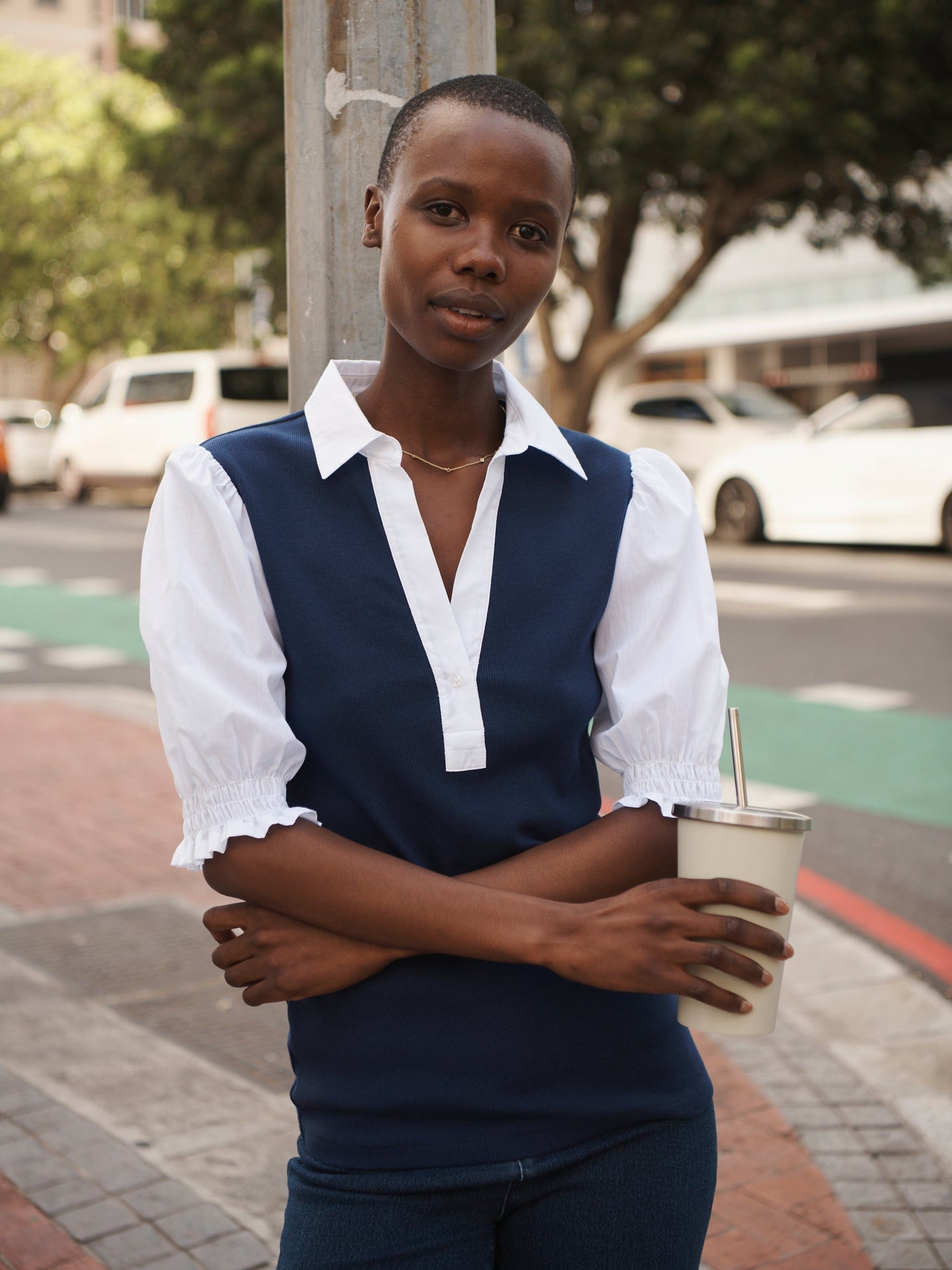 Evelyn jersey and cotton short sleeve shirt - Navy/White