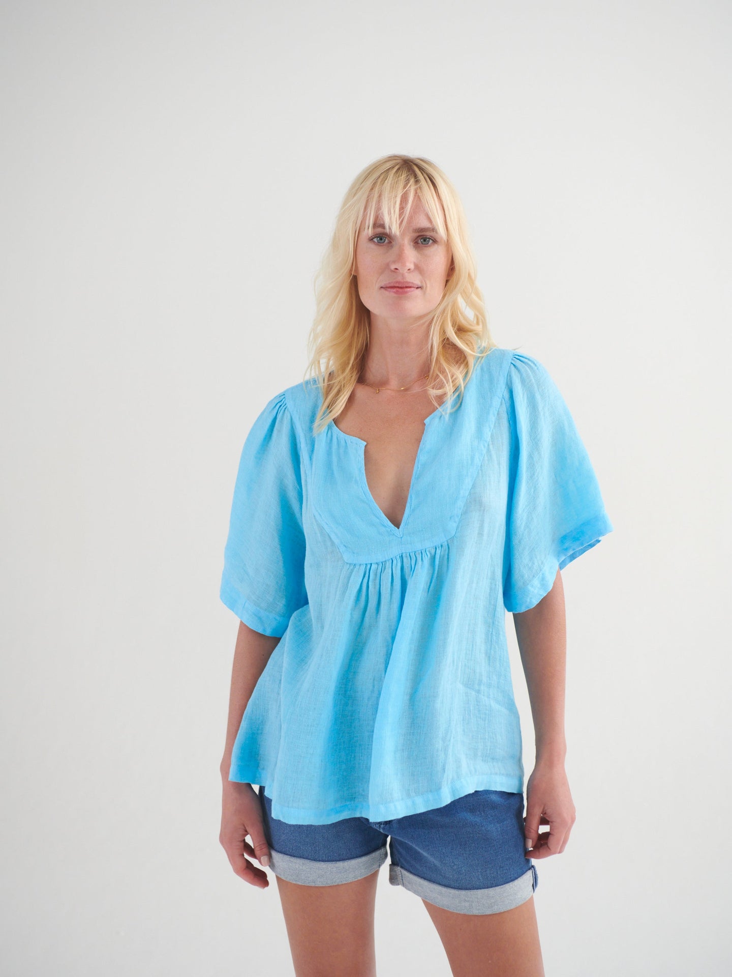 Vee angel gauze linen v neck top - Turquoise