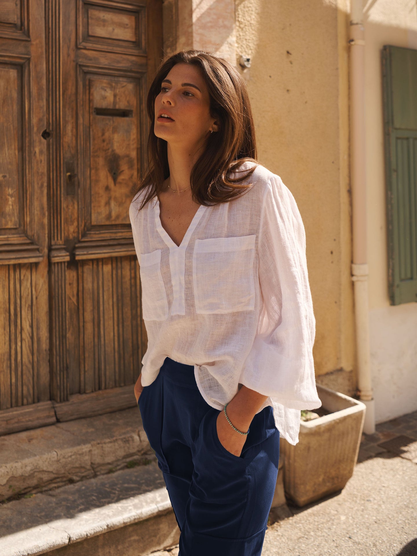 Alice gauze linen patch pocket shirt - White