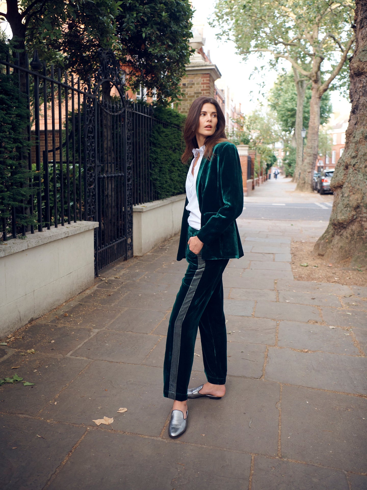 Thea silk blend velvet side stripe trouser - Forest / Khaki