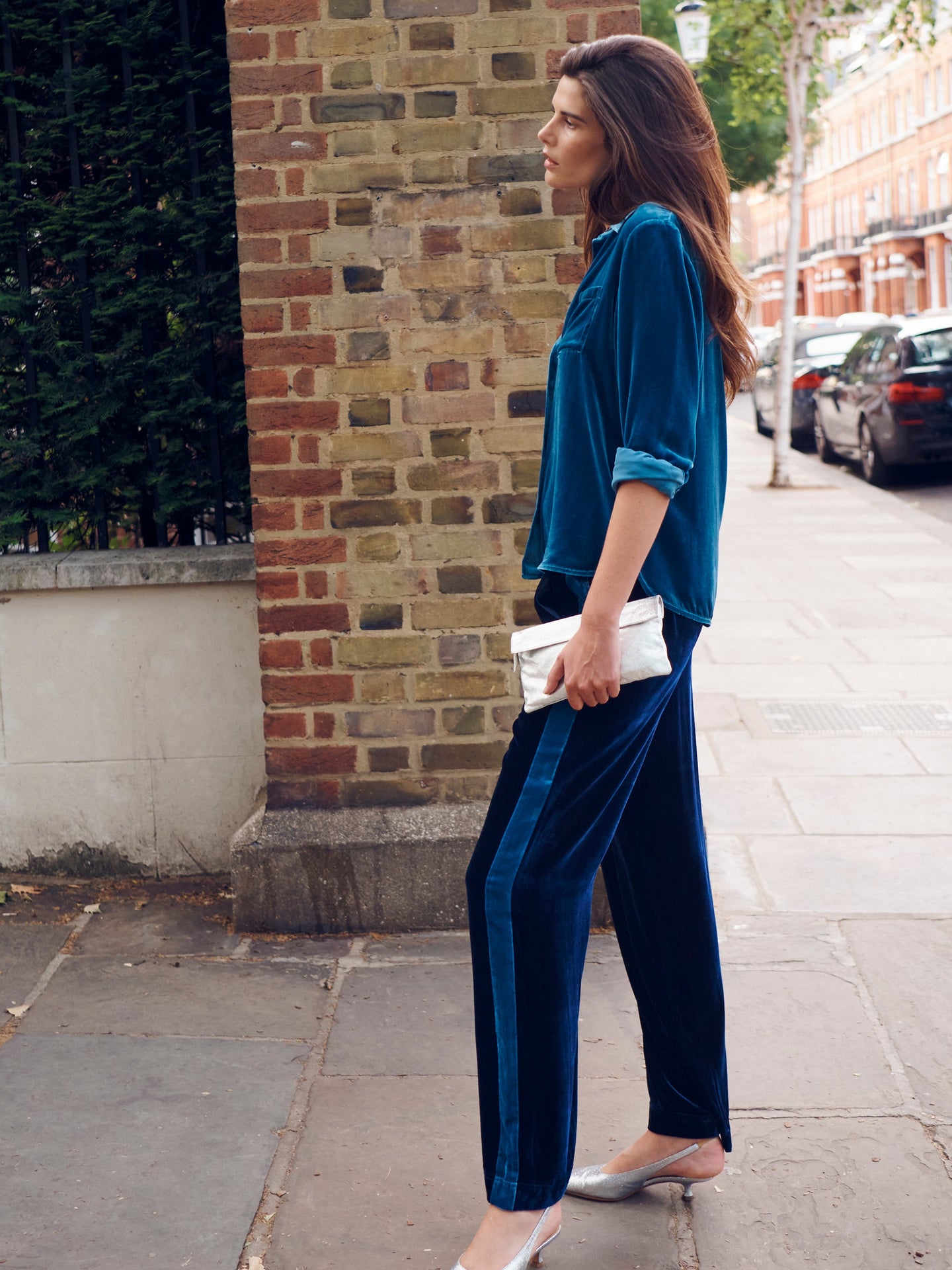 Thea silk blend velvet side stripe trouser - Midnight / Peacock