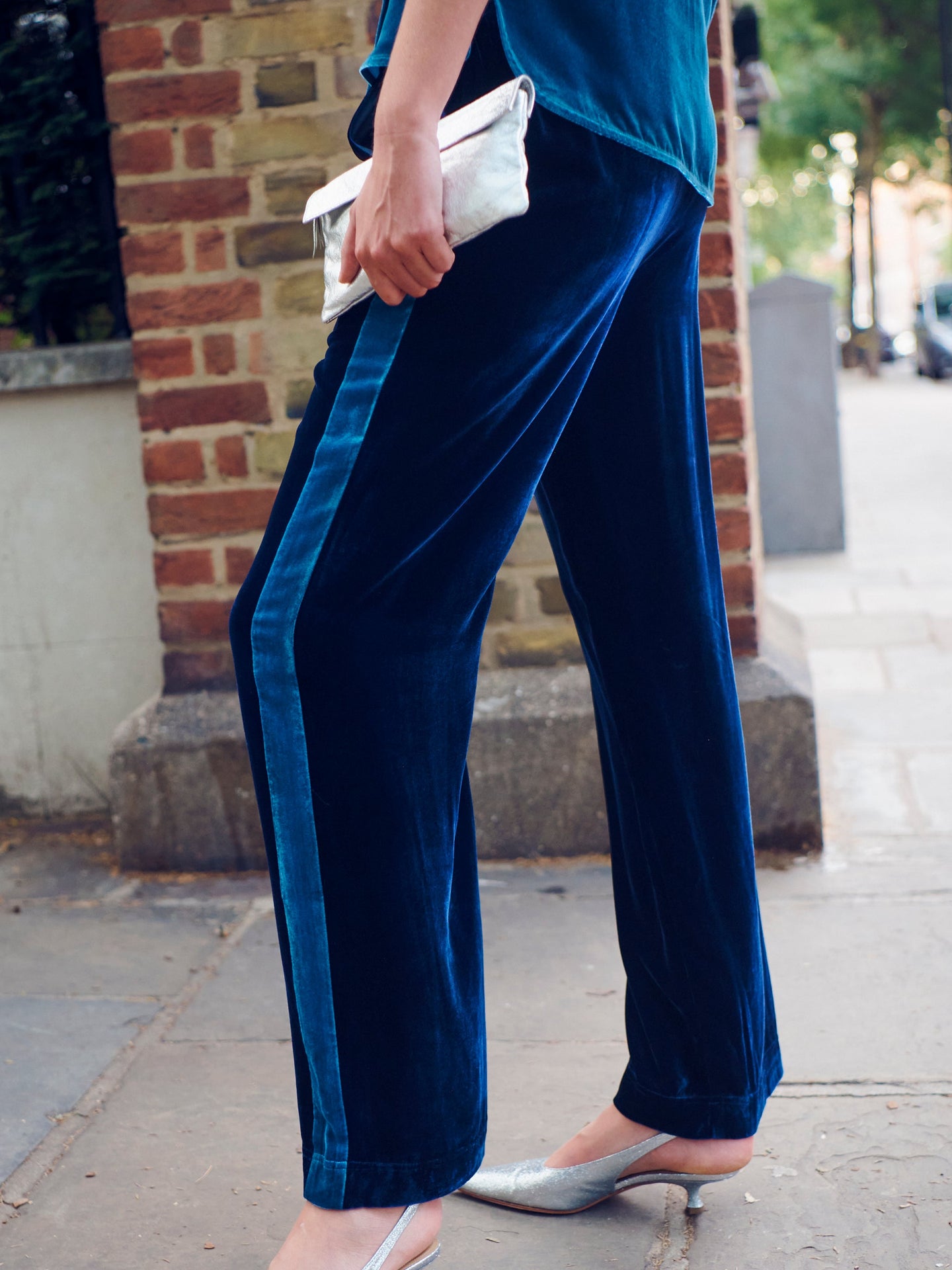 Thea silk blend velvet side stripe trouser - Midnight / Peacock