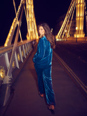 Thea silk blend velvet wide leg palazzo trousers - Peacock Blue