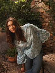 Greta broderie top - Light Blue & Green