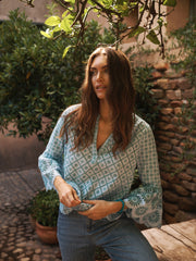 Greta broderie top - Light Blue & Green