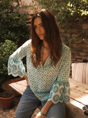 Greta broderie top - Light Blue & Green