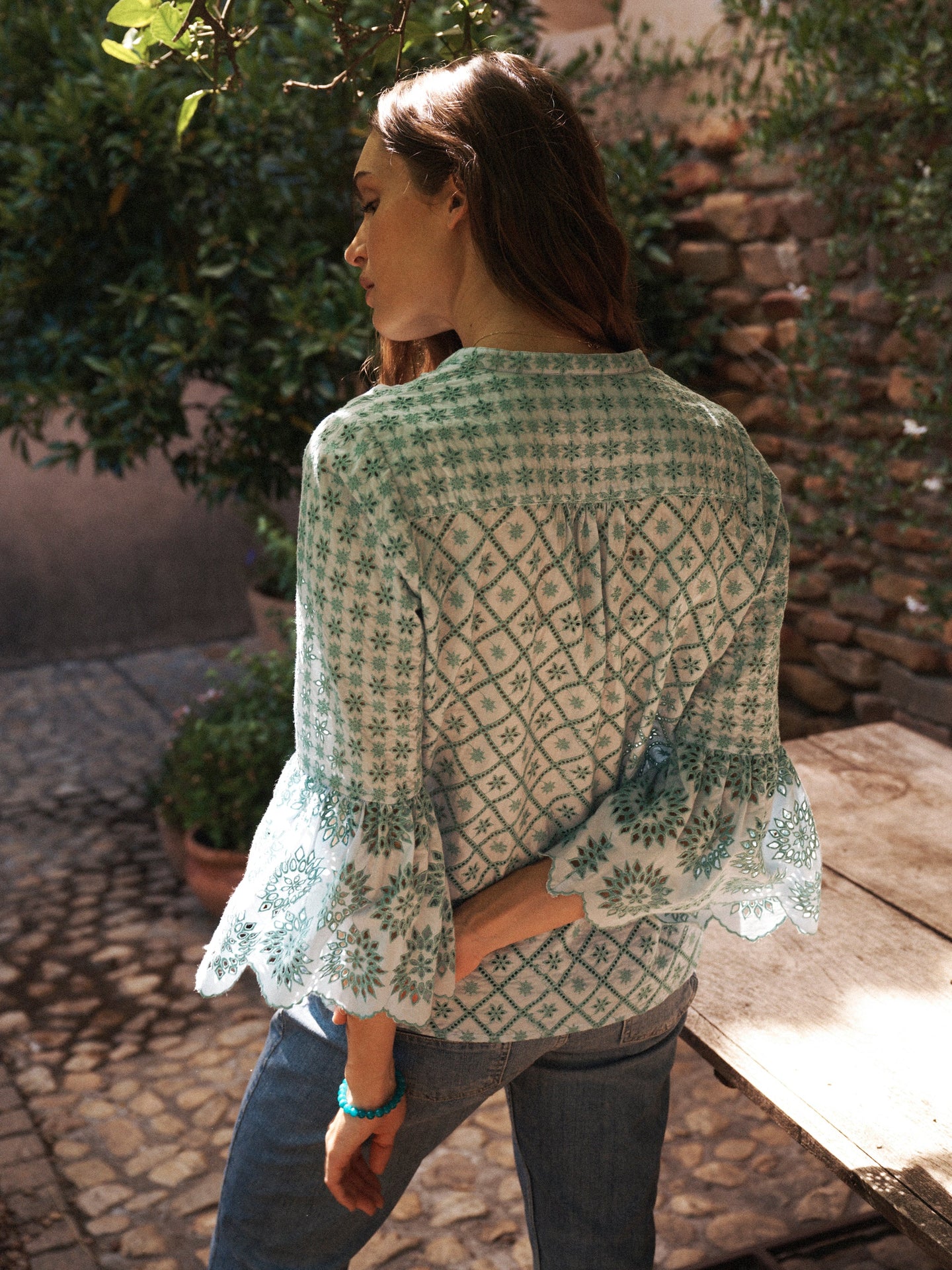 Greta broderie top - Light Blue & Green