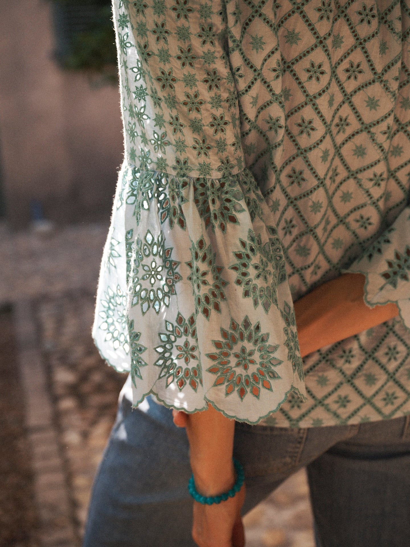 Greta broderie top - Light Blue & Green