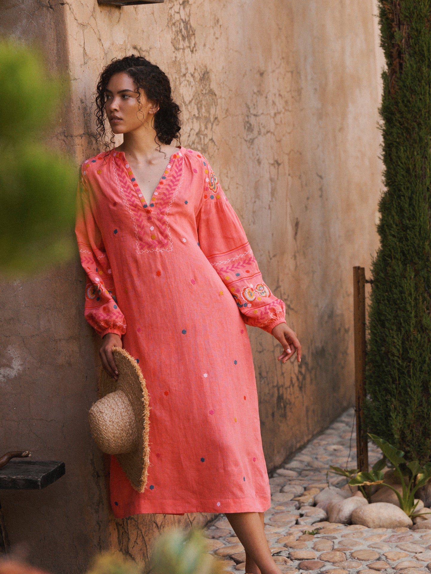 Erica linen embroidered dress - Soft Orange