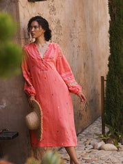 Erica linen embroidered dress - Soft Orange