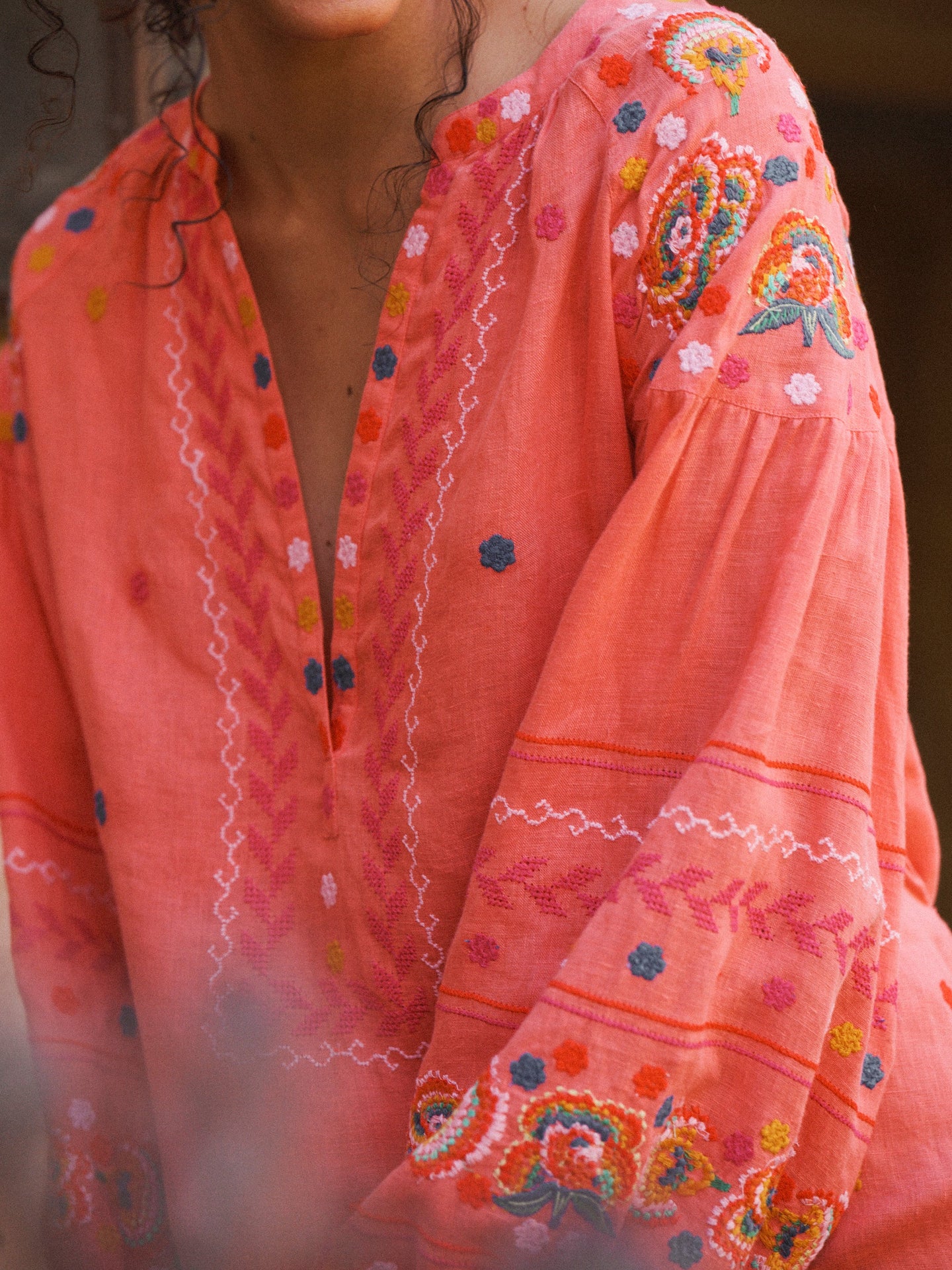 Erica linen embroidered dress - Soft Orange