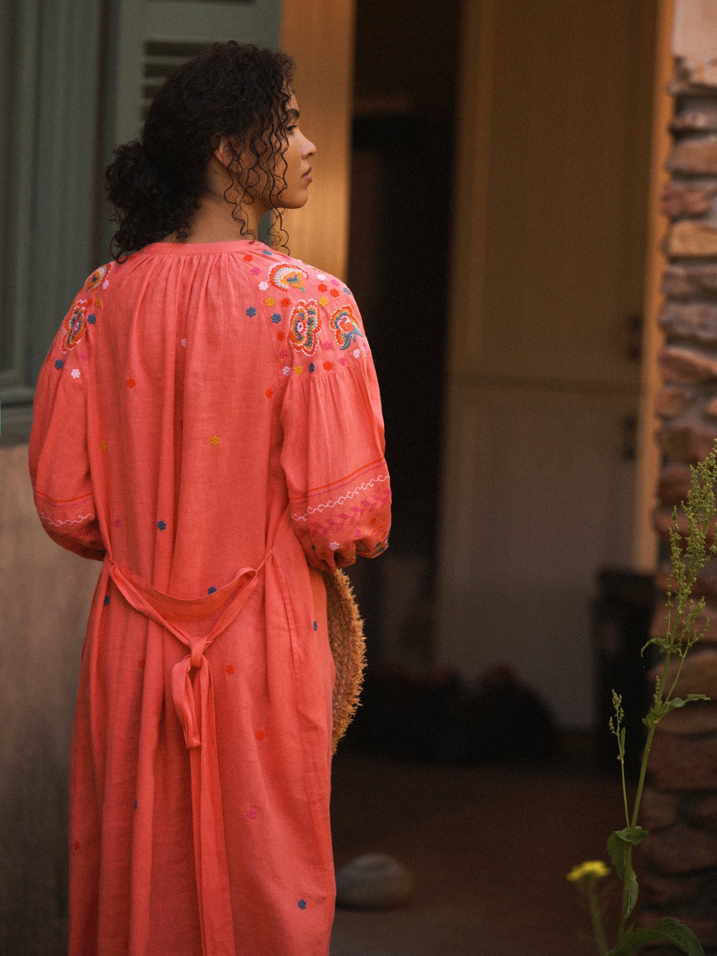 Erica linen embroidered dress - Soft Orange