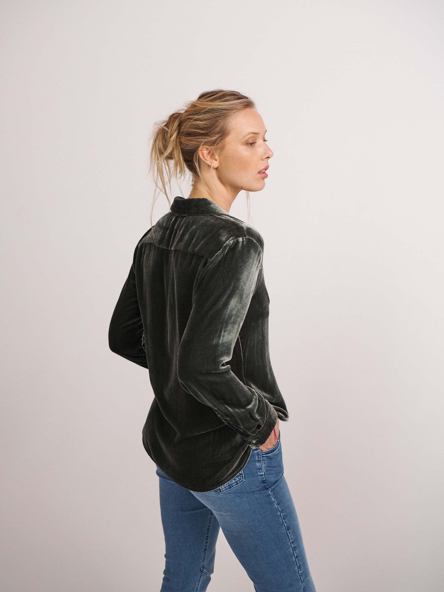 Pattie silk blend velvet button thru shirt