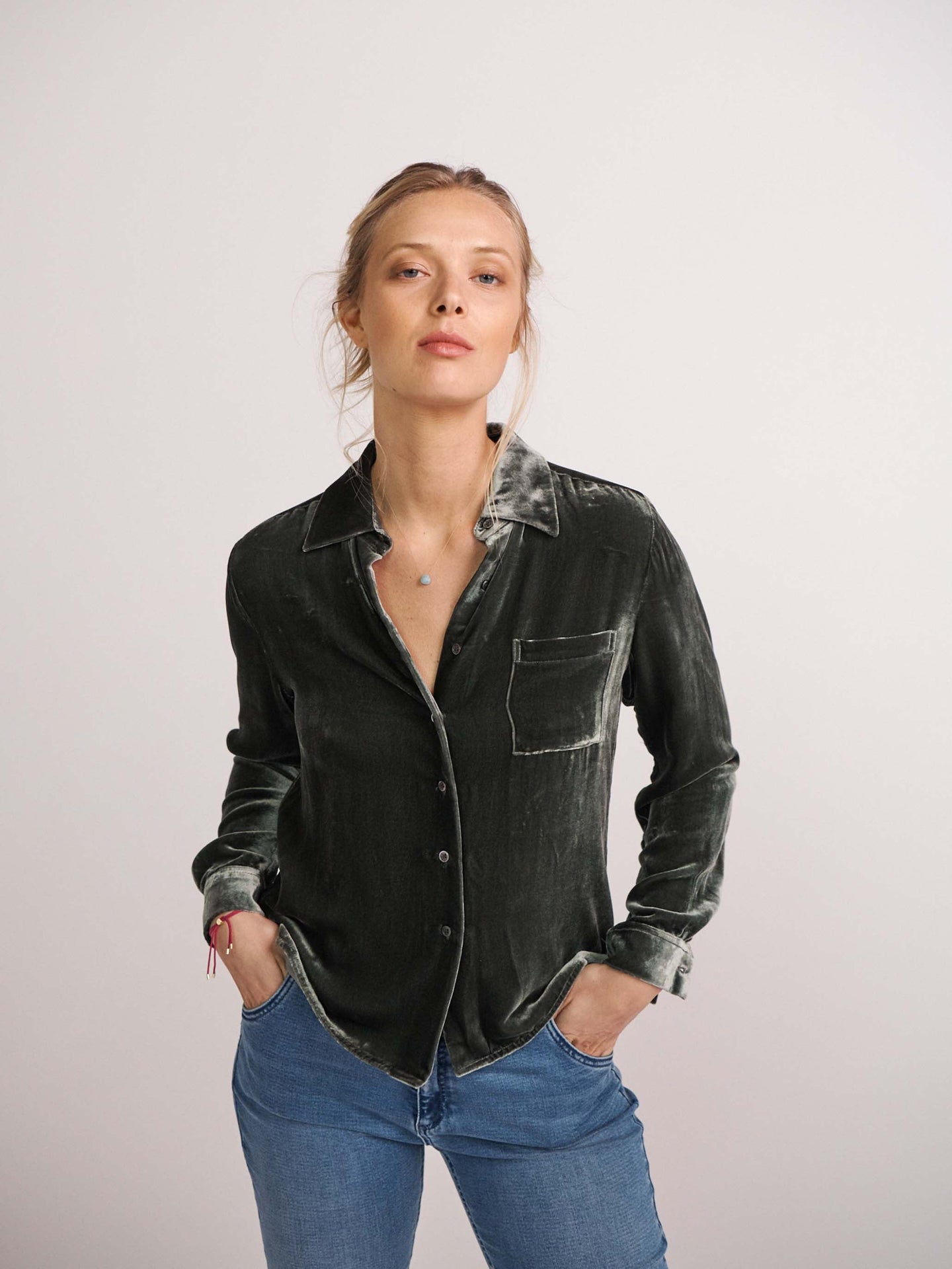 Pattie silk blend velvet button thru shirt