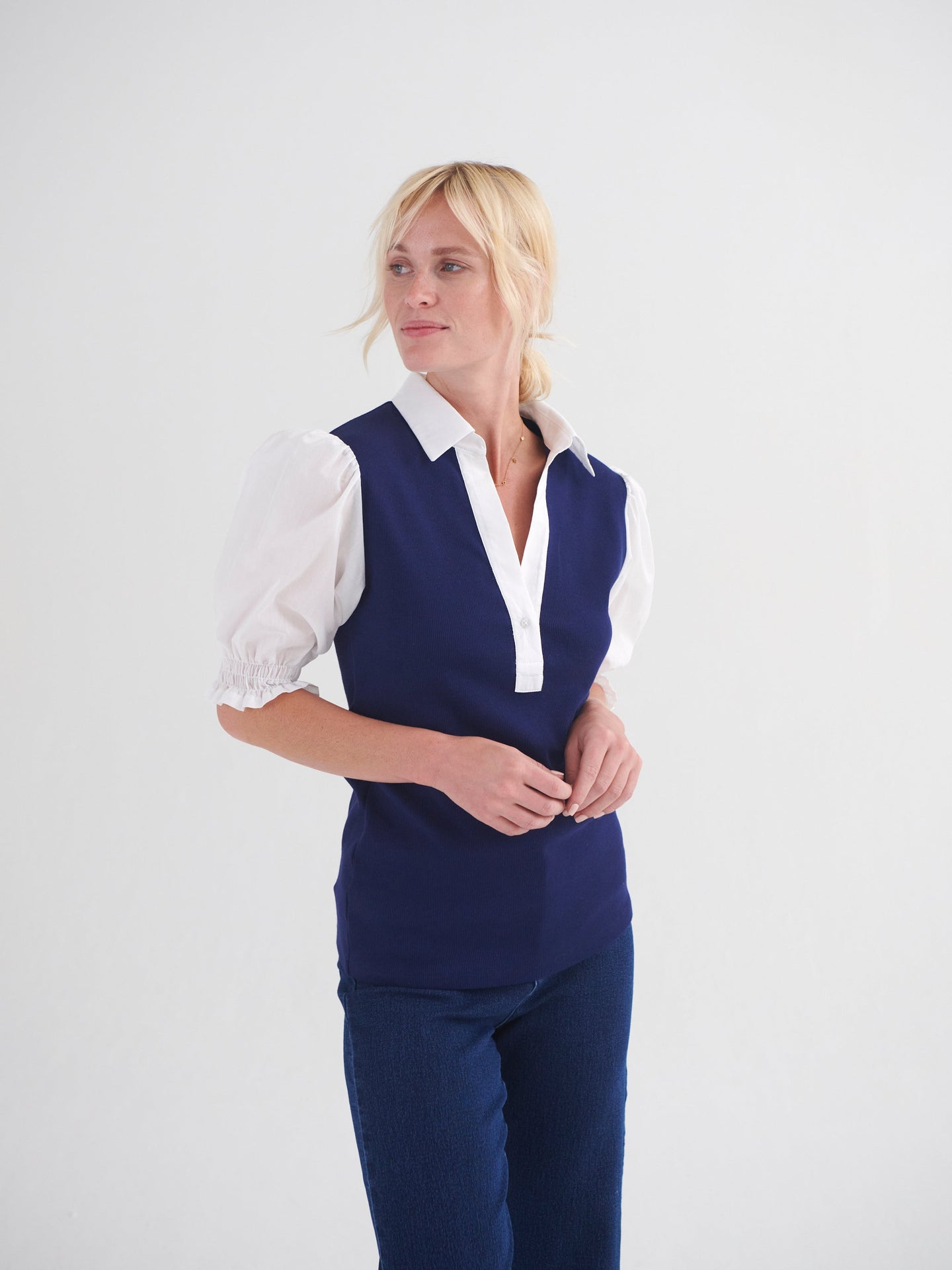 Evelyn jersey and cotton short sleeve shirt - Navy/White