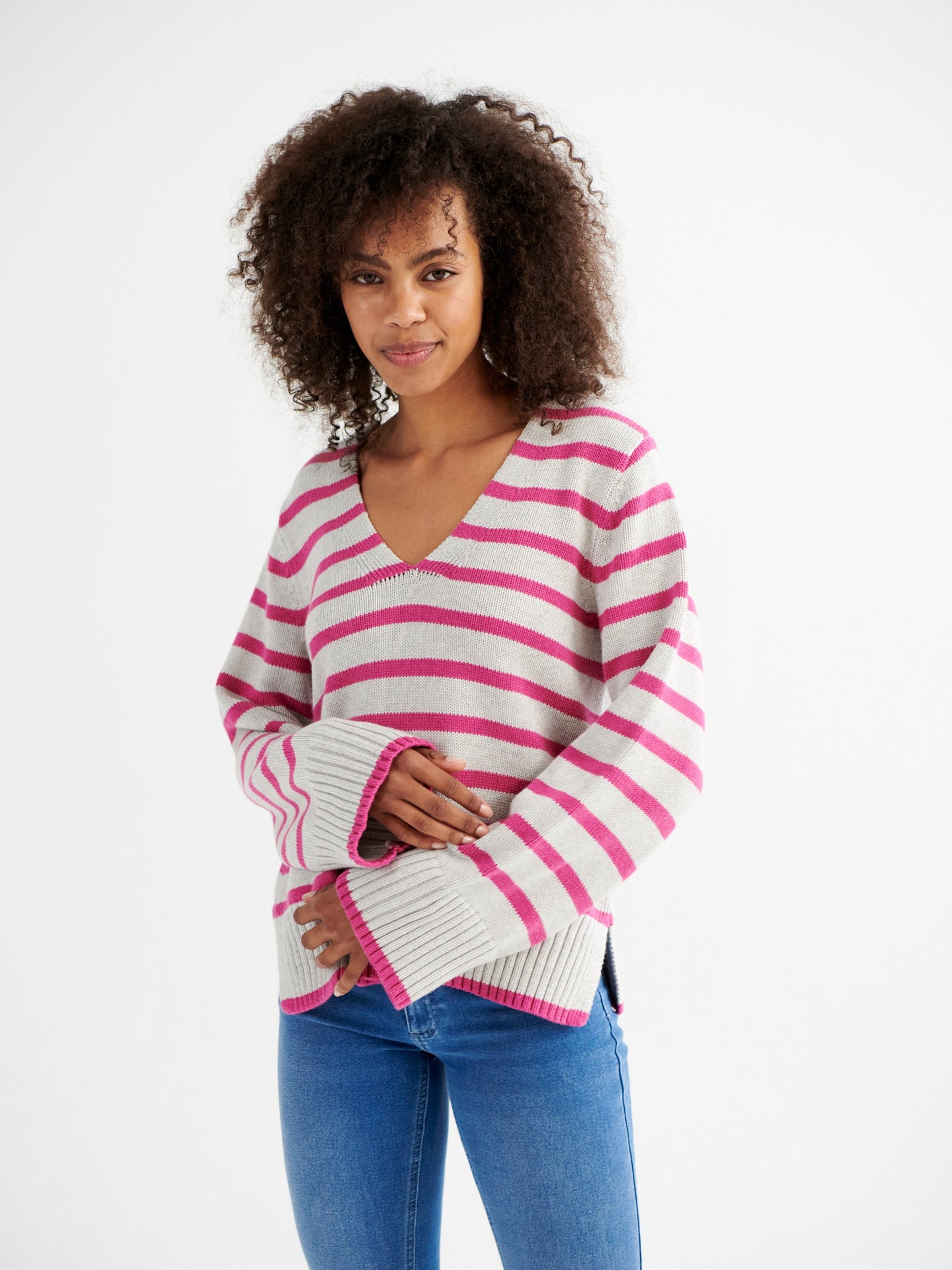 Tilly cotton cashmere blend v neck sweater - Pink Stripe