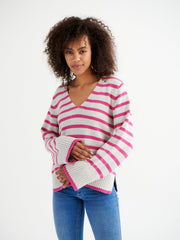 Tilly cotton cashmere blend v neck sweater - Pink Stripe