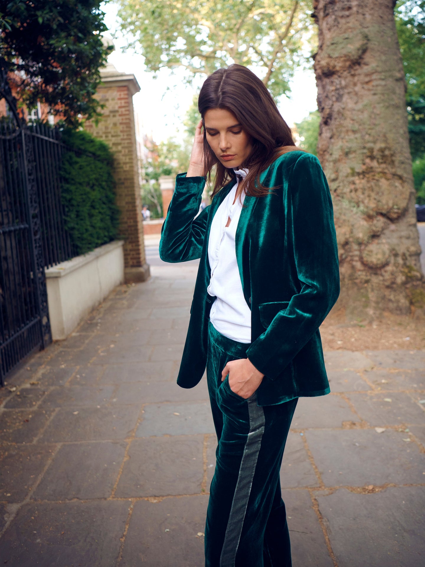 Thea silk blend velvet side stripe trouser - Forest / Khaki