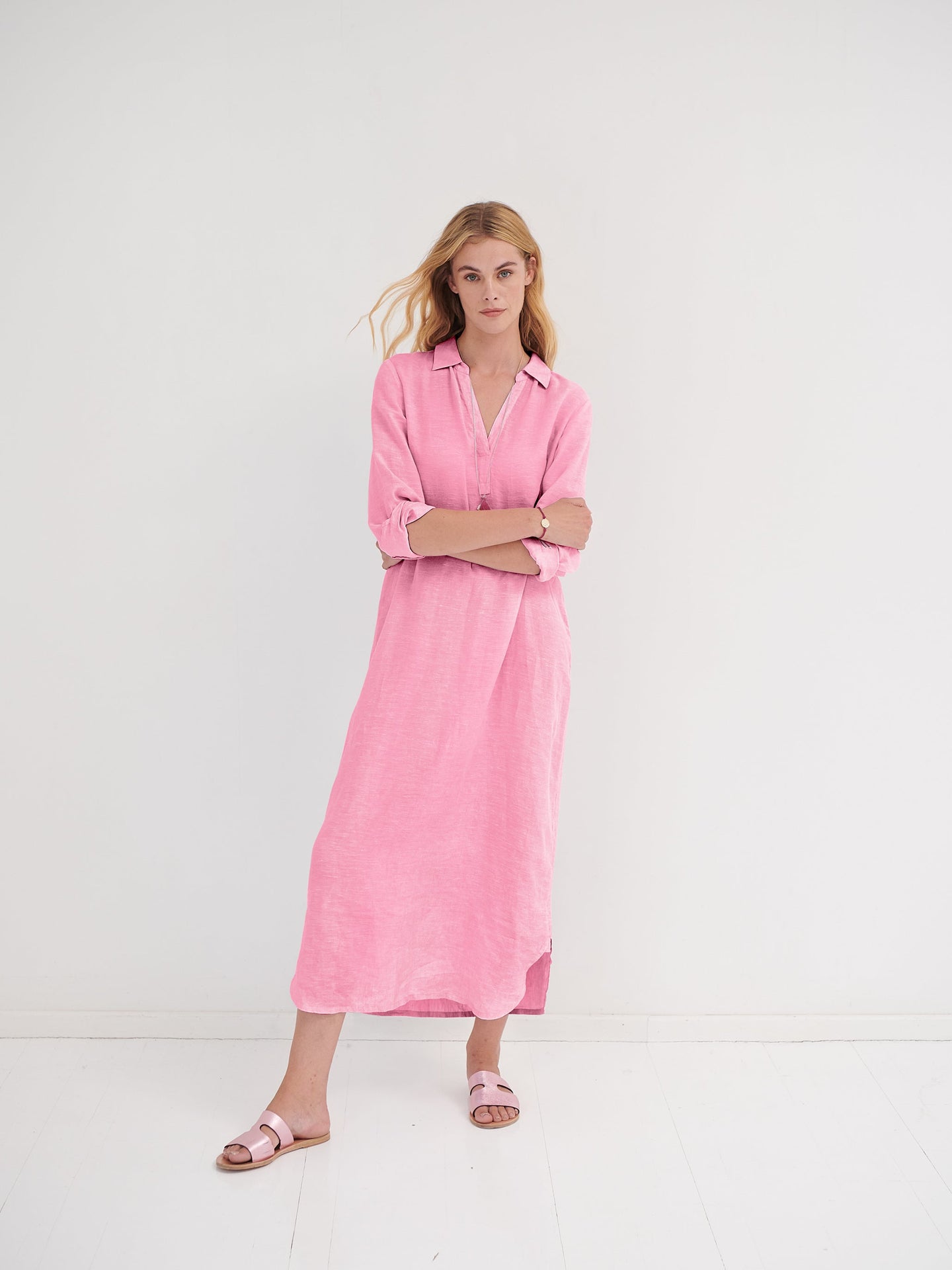 Chrissie linen maxi dress with pockets - Pink