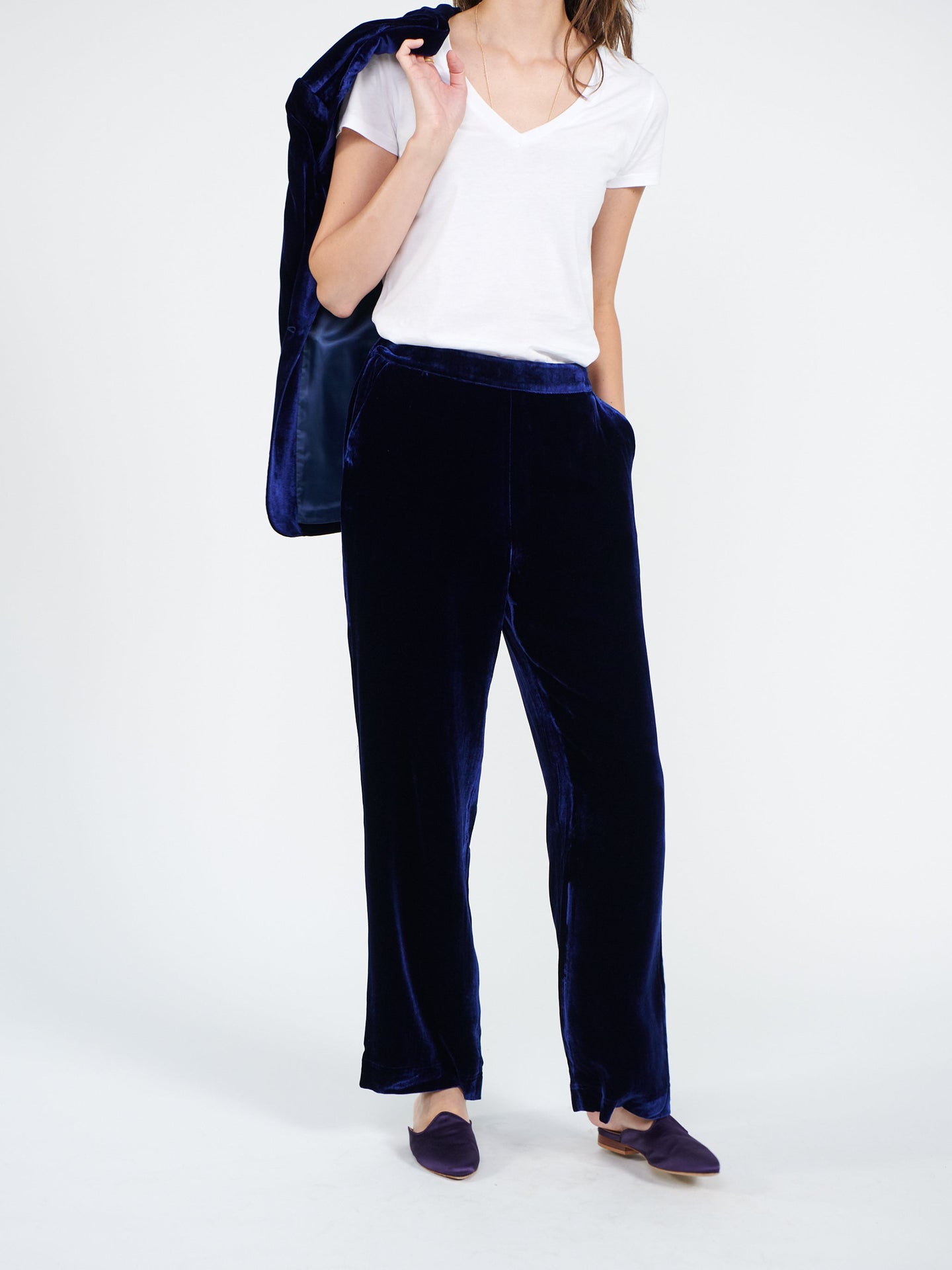 Thea silk blend velvet wide leg palazzo trousers - Navy