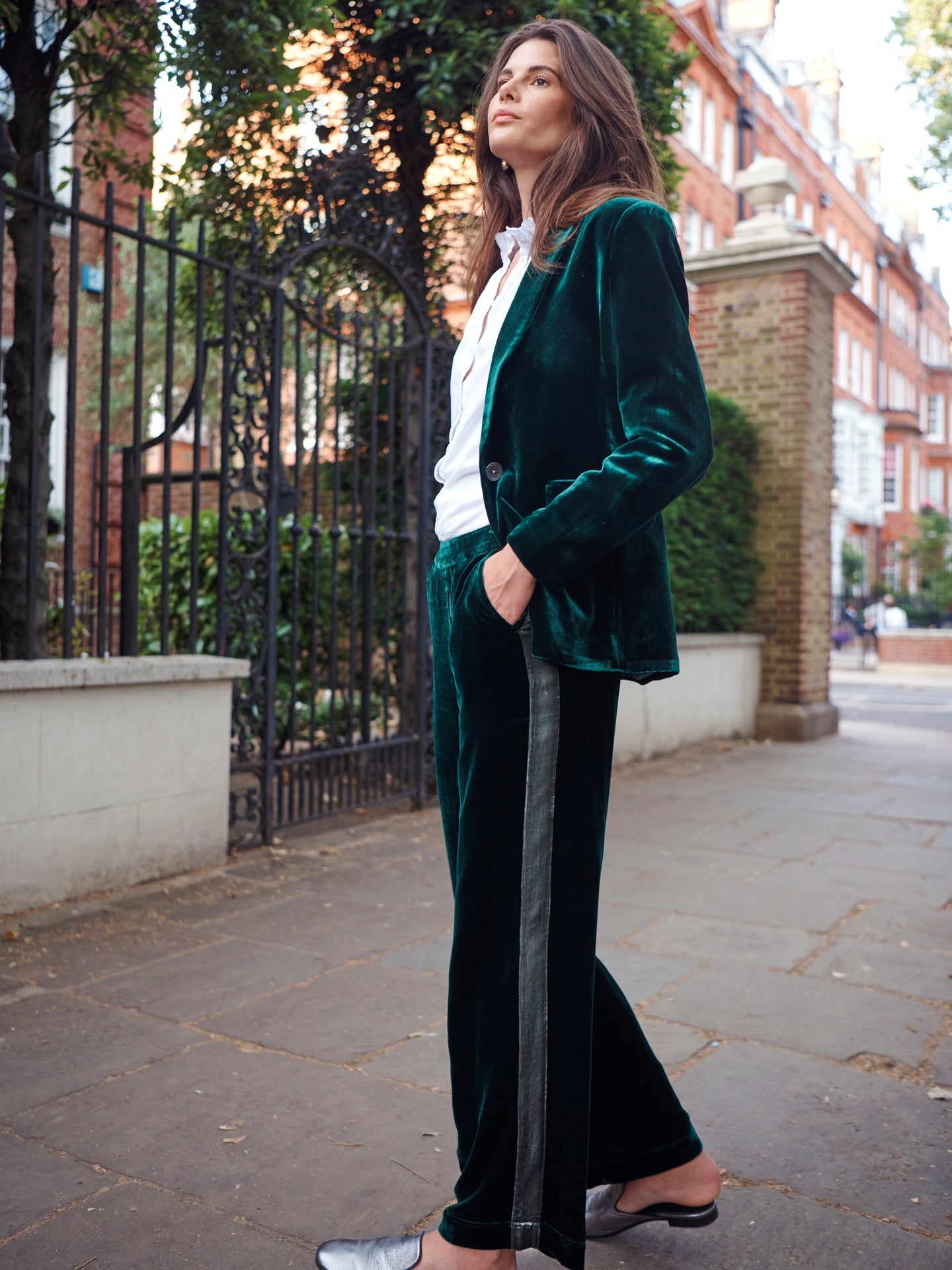 Thea silk blend velvet side stripe trouser - Forest / Khaki