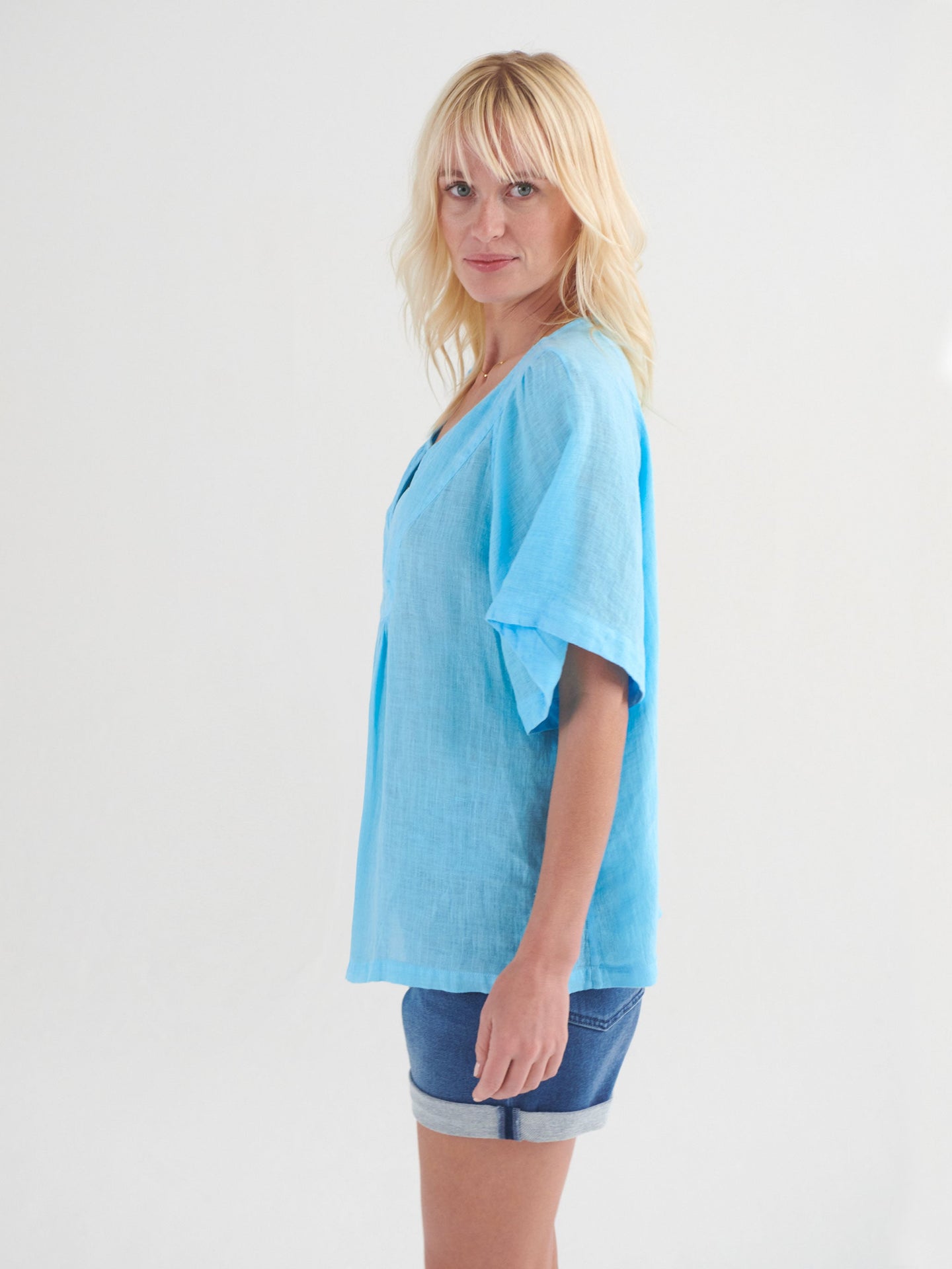 Vee angel gauze linen v neck top - Turquoise