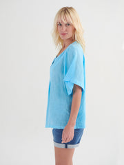Vee angel gauze linen v neck top - Turquoise