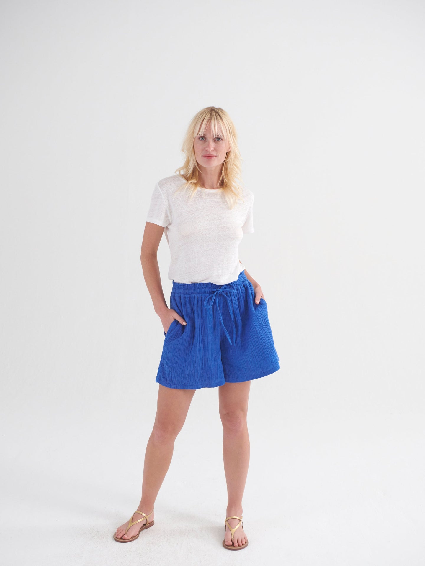 Poppie double cloth elastic waist short - Cobalt