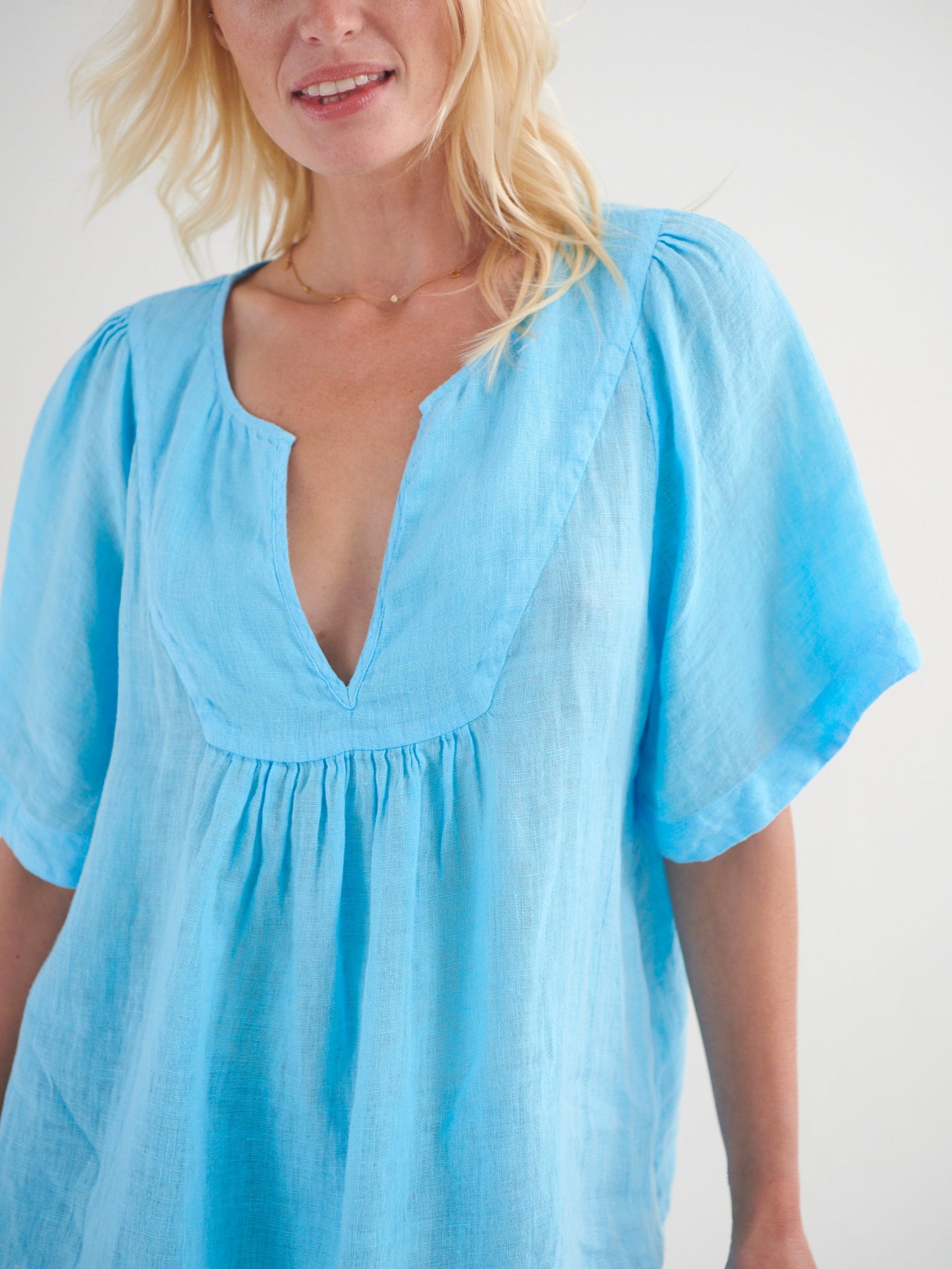 Vee angel gauze linen v neck top - Turquoise