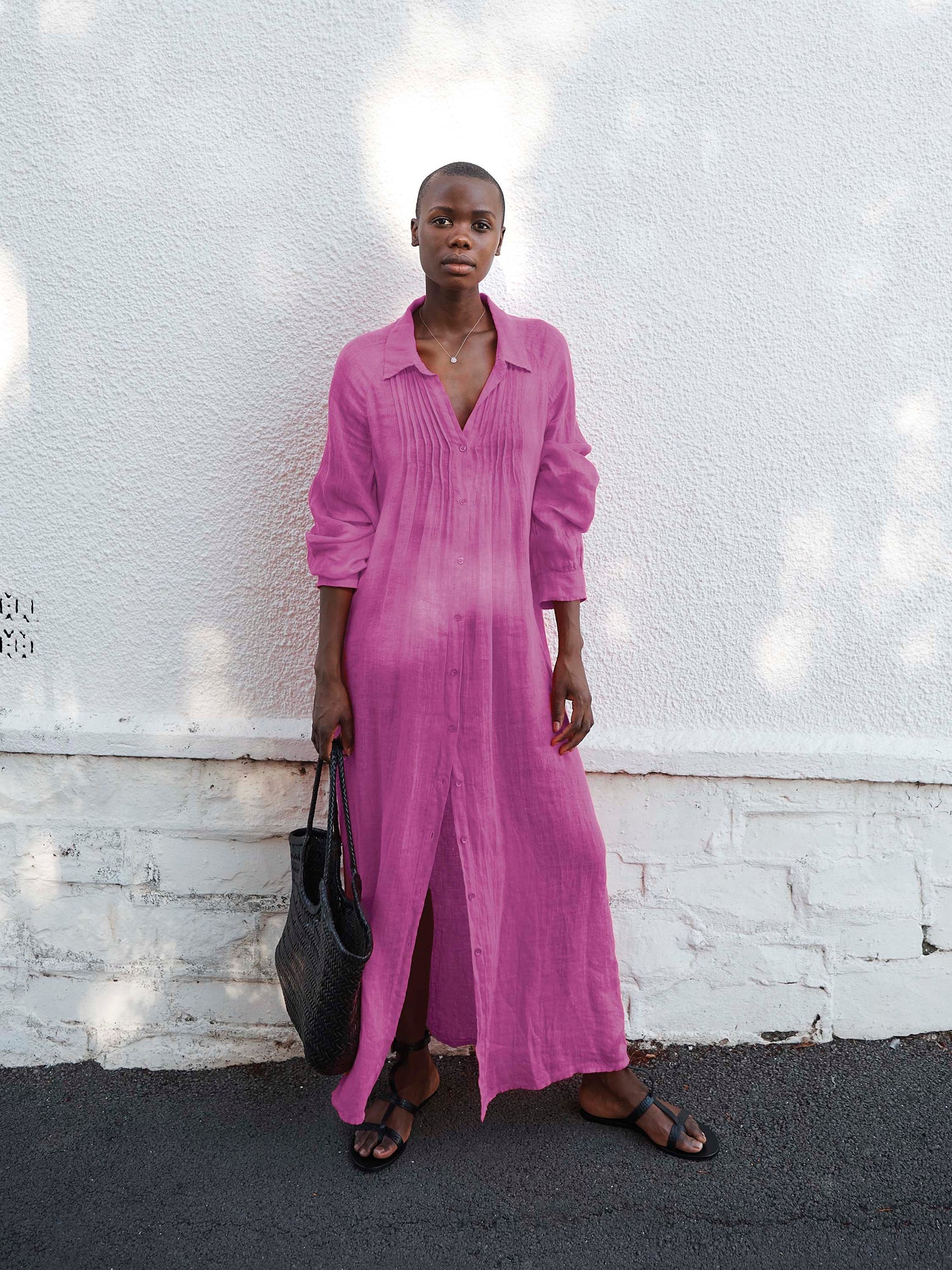 Sami gauze linen pleat front maxi dress - Cherry Pink