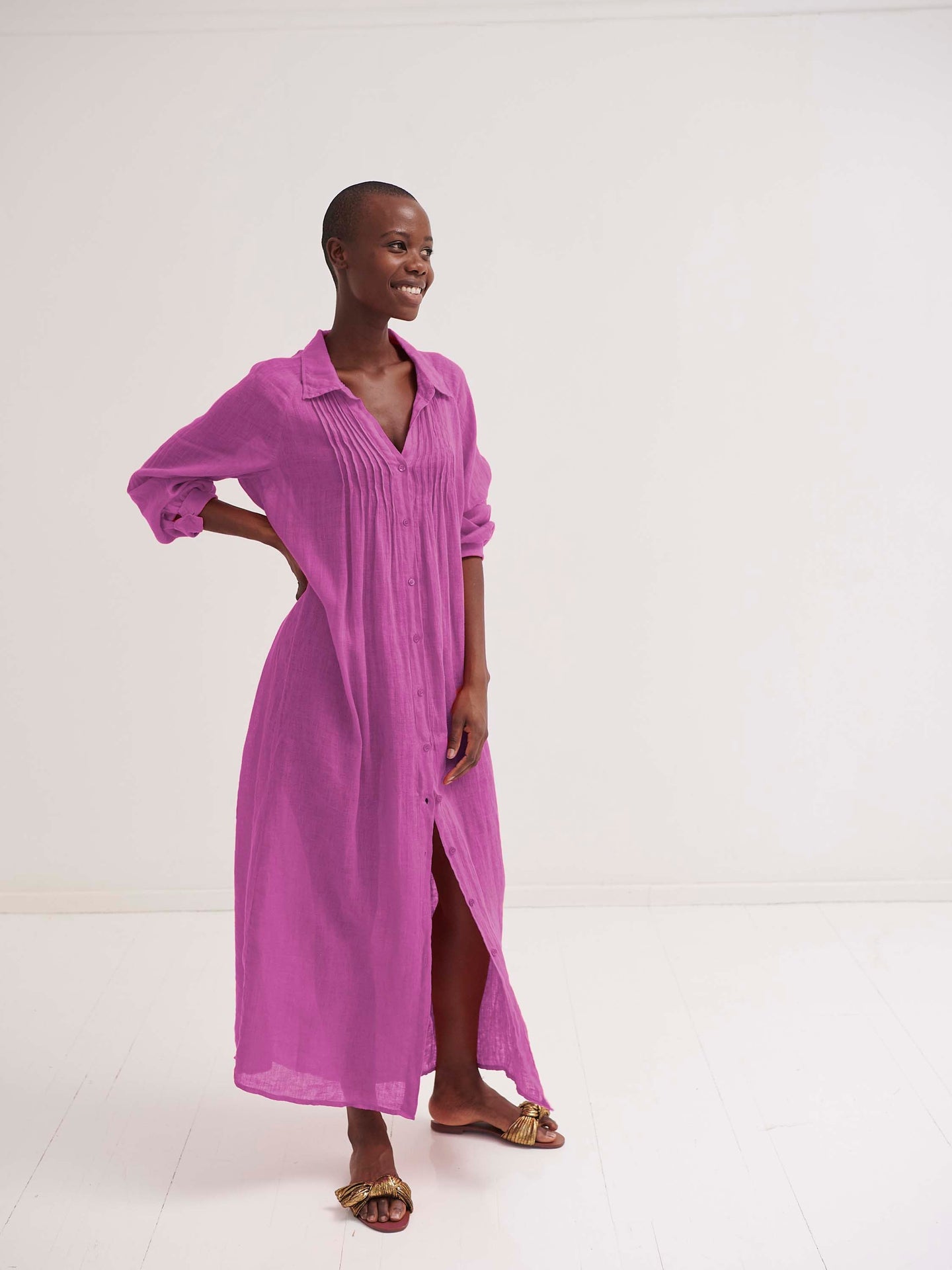 Sami gauze linen pleat front maxi dress - Cherry Pink
