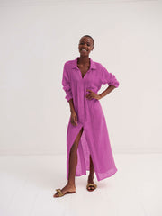 Sami gauze linen pleat front maxi dress - Cherry Pink