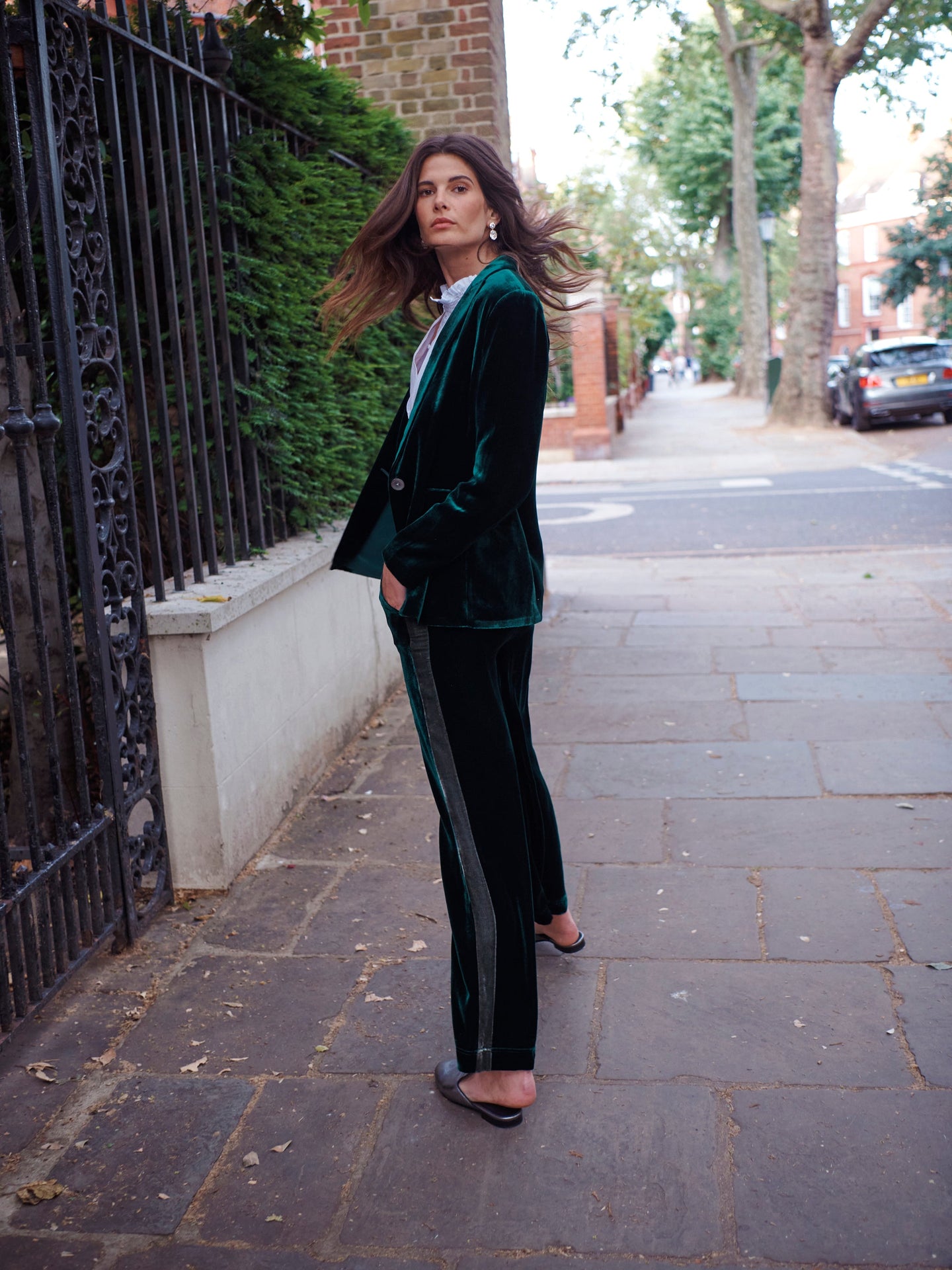 Thea silk blend velvet side stripe trouser - Forest / Khaki