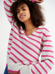 Tilly cotton cashmere blend v neck sweater - Pink Stripe