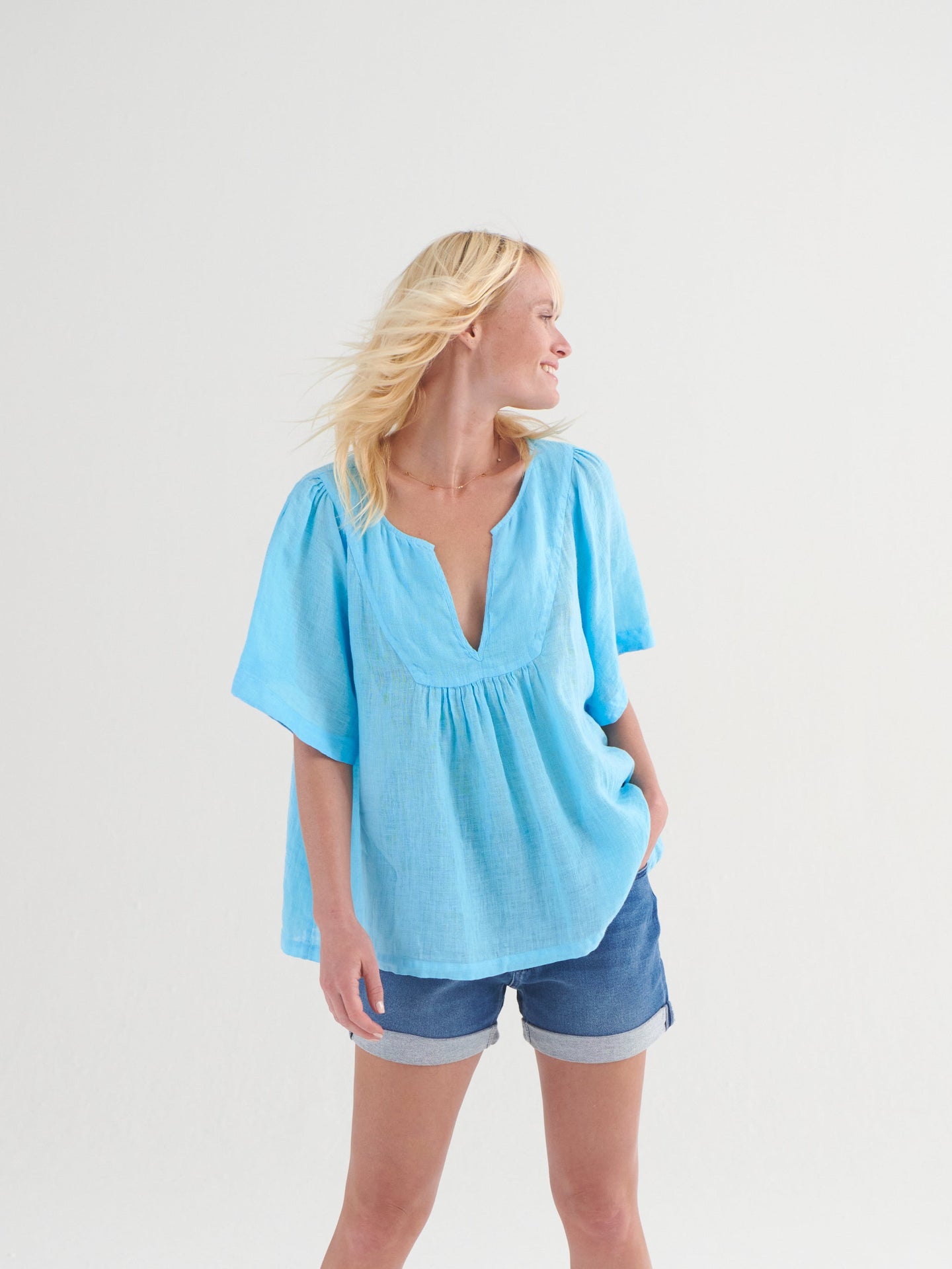 Vee angel gauze linen v neck top - Turquoise