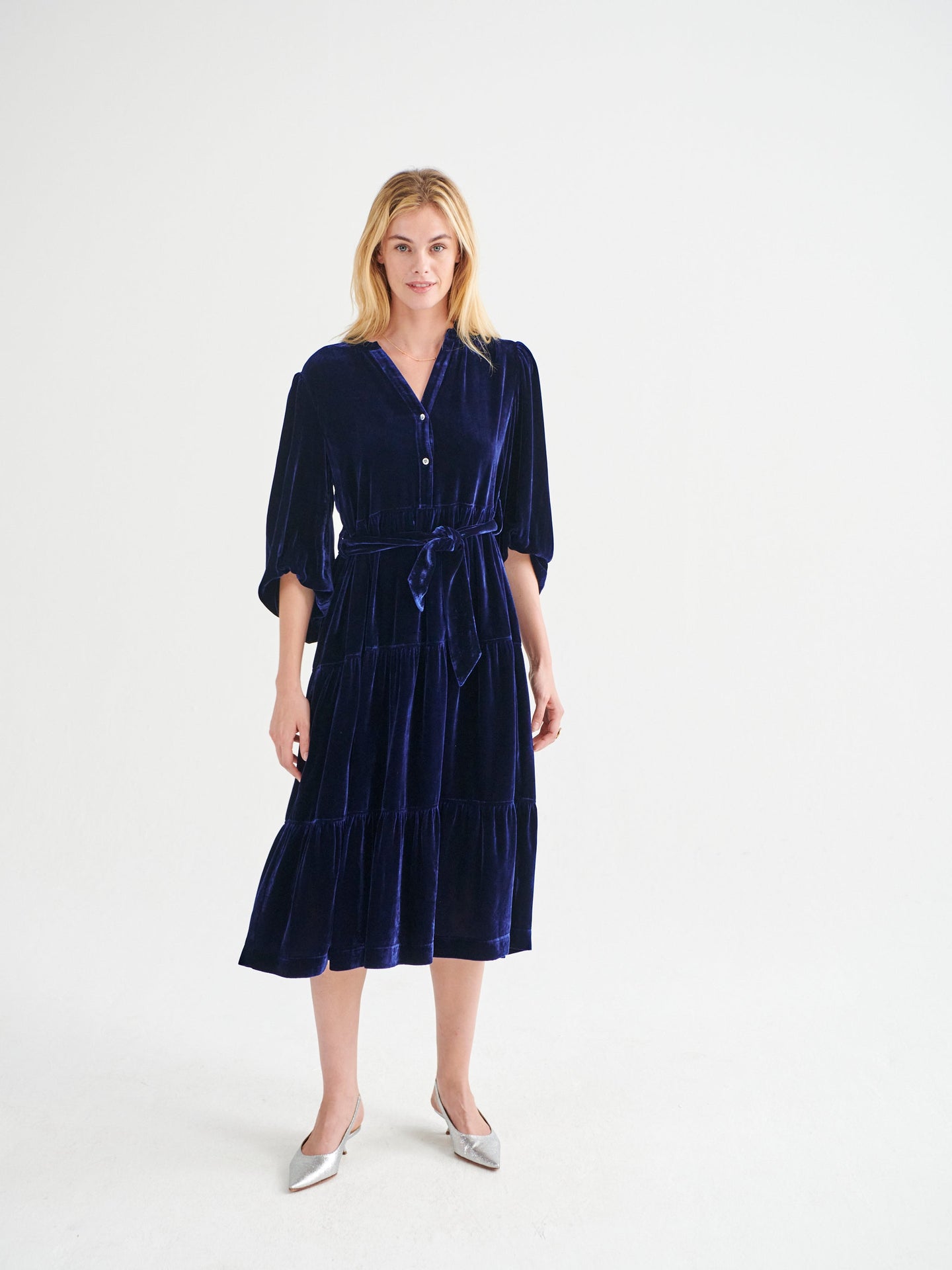 Ana silk blend velvet tiered dress - Navy