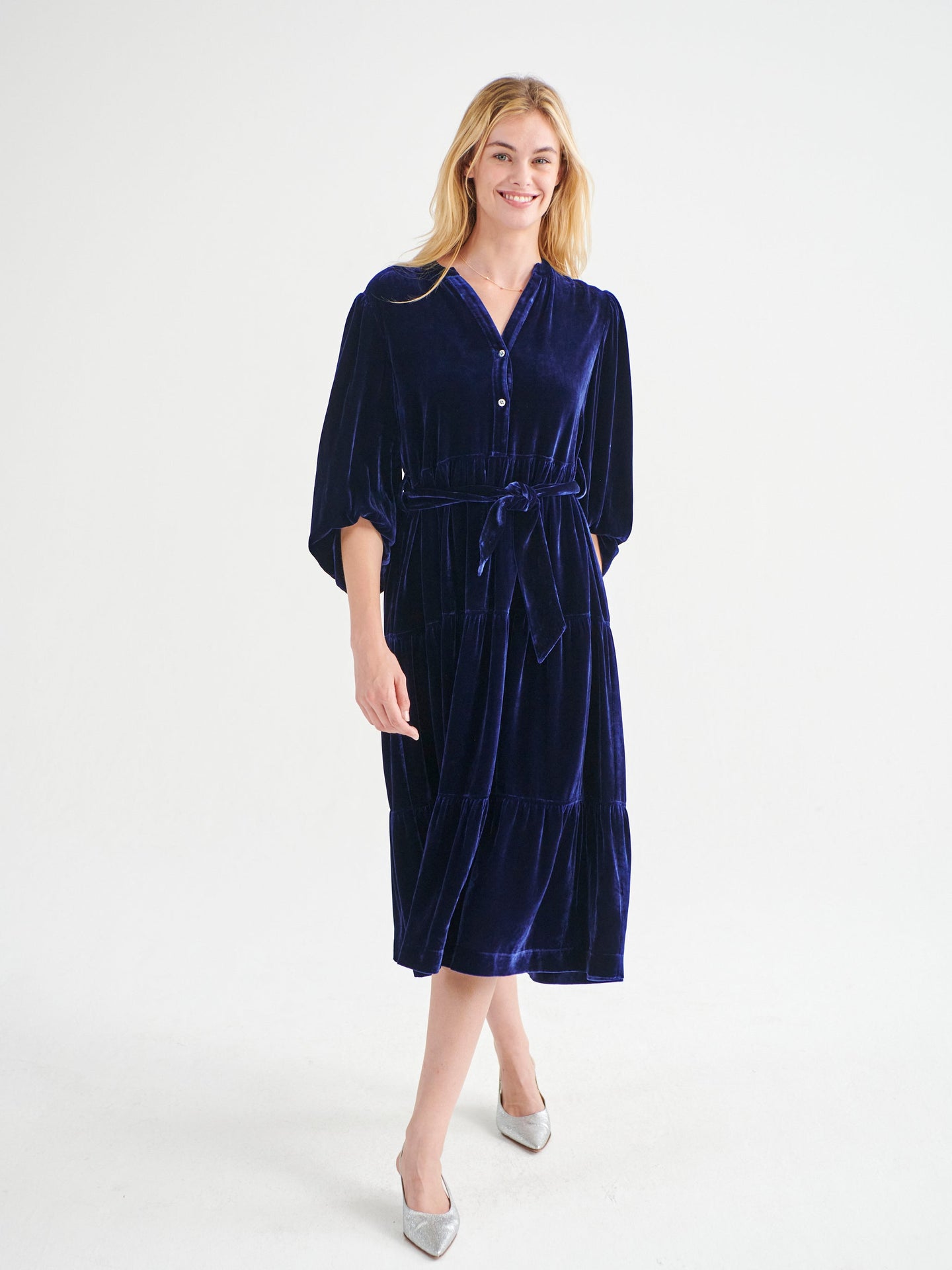 Ana silk blend velvet tiered dress - Navy