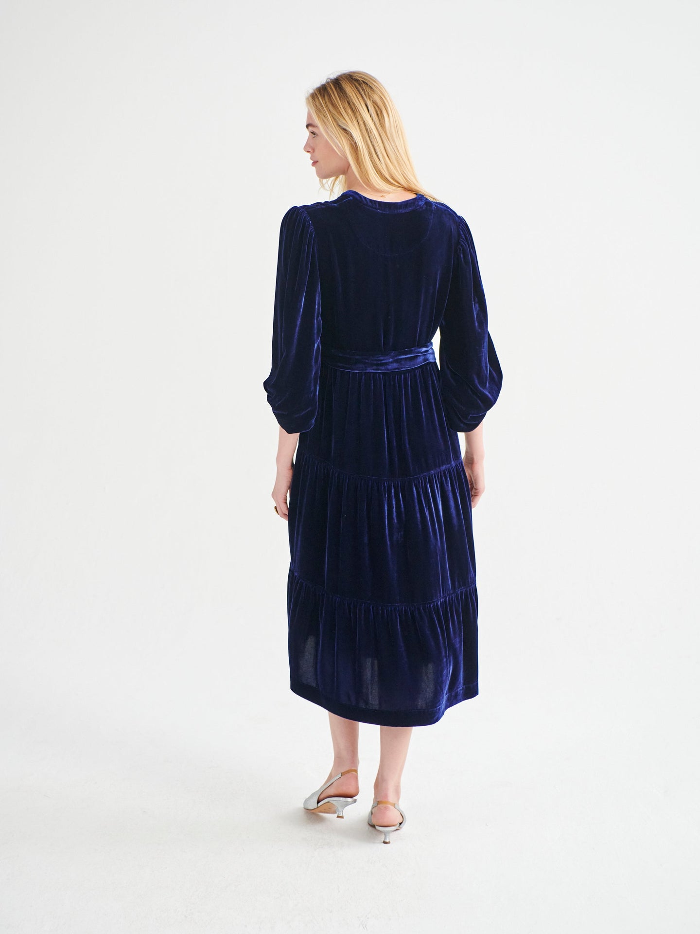 Ana silk blend velvet tiered dress - Navy