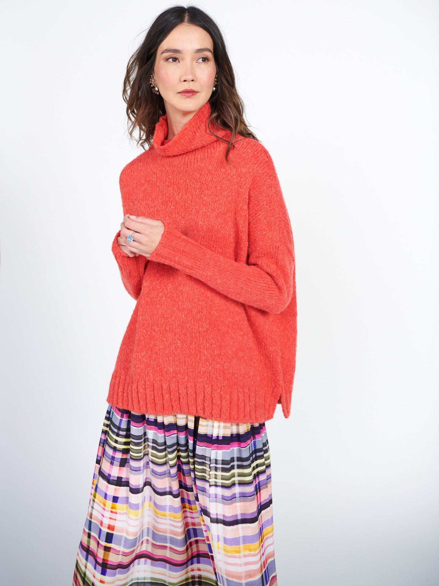 Jana funnel neck sweater with ribbed cuffs - Coral