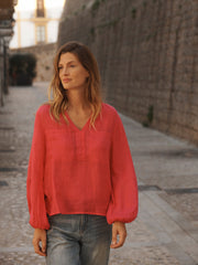 Alice gauze linen patch pocket shirt - Geranium