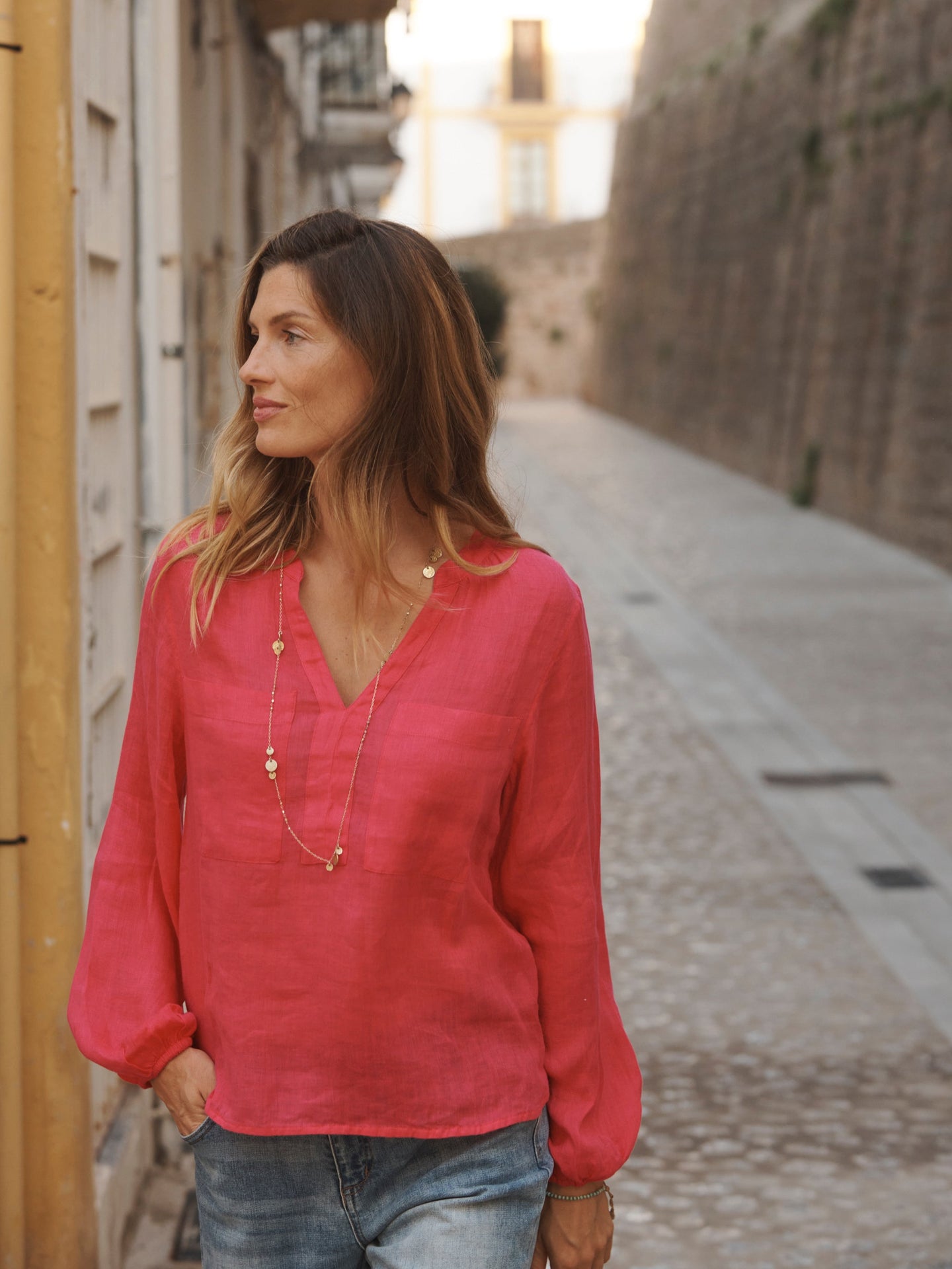 Alice gauze linen patch pocket shirt - Geranium