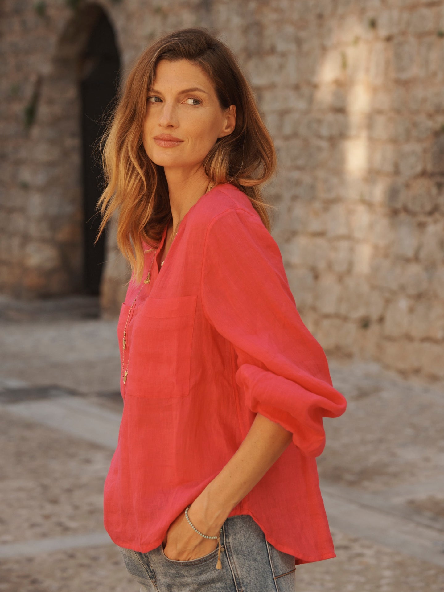 Alice gauze linen patch pocket shirt - Geranium