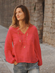 Alice gauze linen patch pocket shirt - Geranium